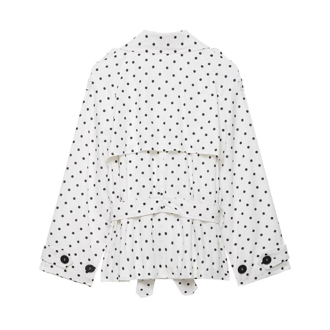 Women Polka Dot Cropped Trench Coat with Tie Belt Mune Fashion