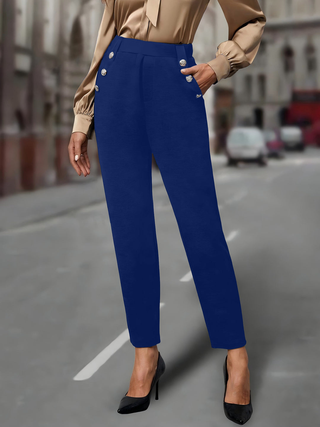 Women's High-Waisted Pleated Trousers with Decorative Buttons and Narrow Ankle Cut Mune Fashion