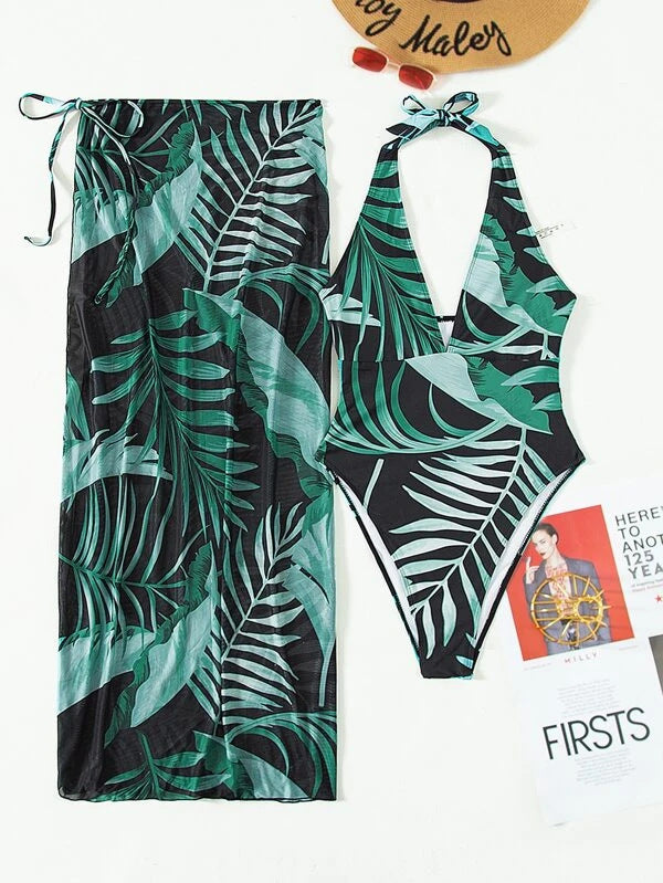 Women's Elegant One-Piece with Floral Patterns and Matching Sarong Mune Fashion