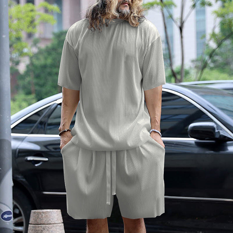 Men's modern ribbed leisure set with wide short-sleeve shirt and elastic drawstring pants Mune Fashion