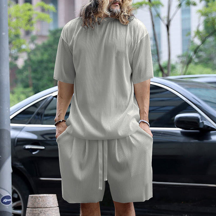 Men's modern ribbed leisure set with wide short-sleeve shirt and elastic drawstring pants Mune Fashion