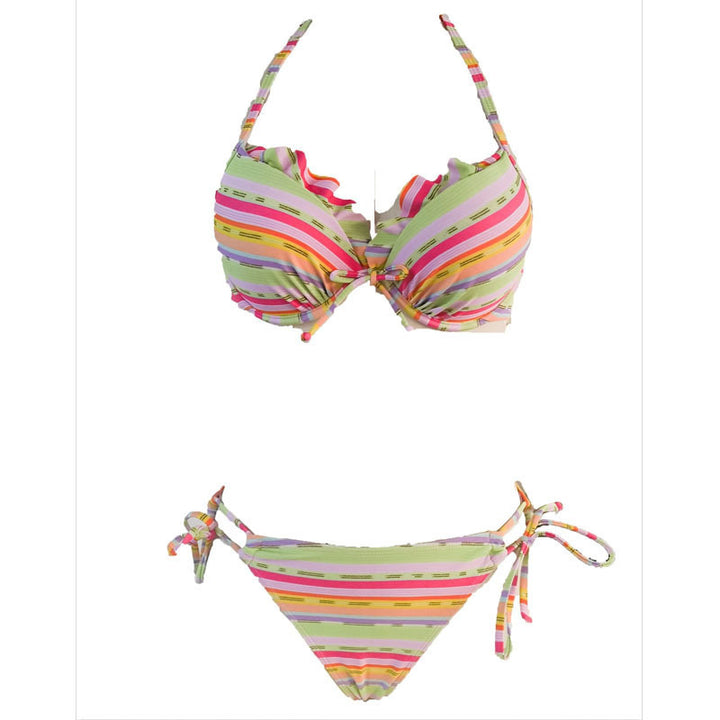 Women's triangle bikini with playful ruffle design and colorful stripe pattern Mune Fashion
