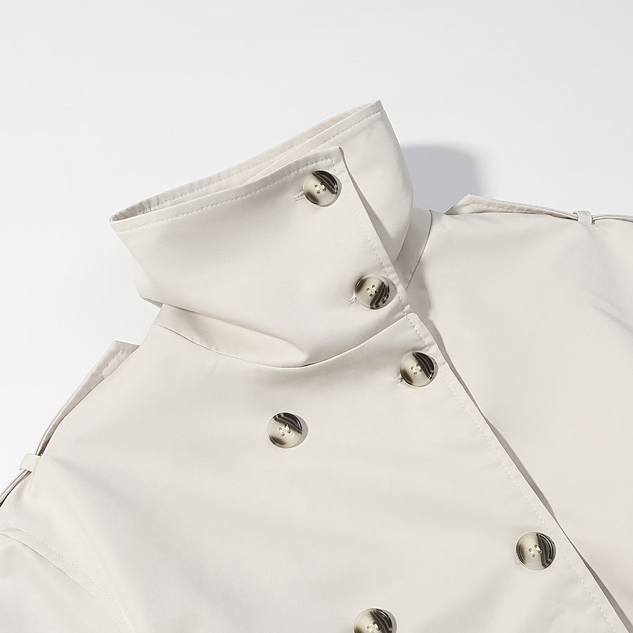 Women Longer double-breasted trench coat with high stand-up collar and waist belt Mune Fashion