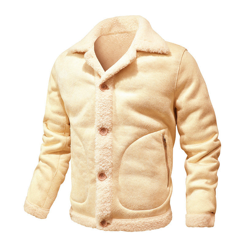 Men's sheepskin-inspired teddy fleece jacket with button placket and zippered pockets Mune Fashion