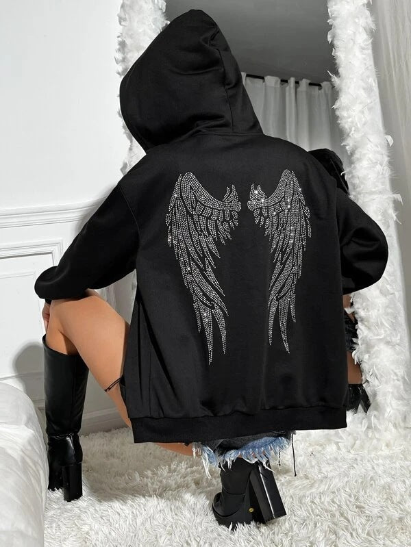 Women Oversize Hoodie with sparkling rhinestone angel wing back Mune Fashion