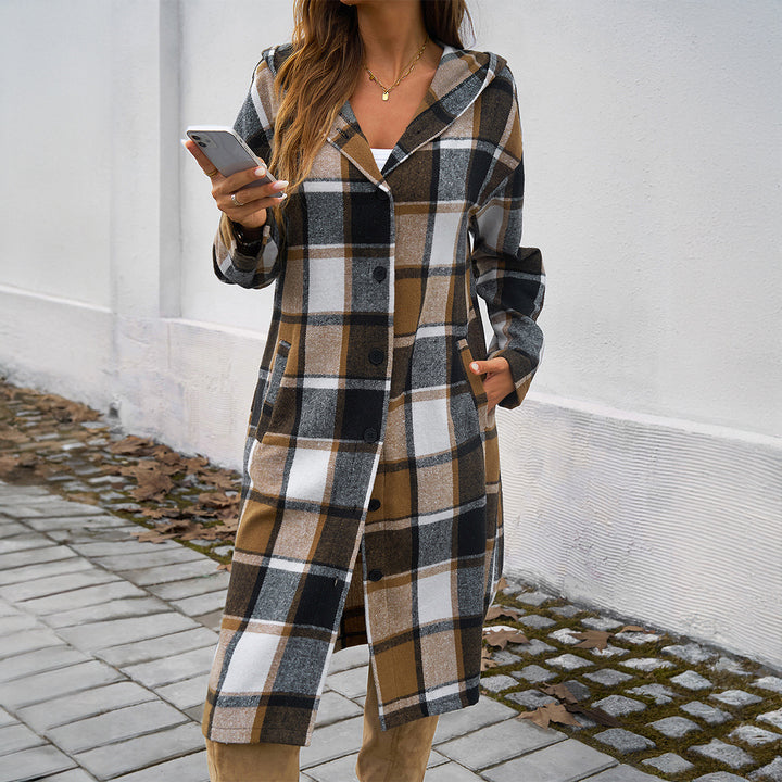 Women's casual hoodie shirt dress with checkered flannel look, full button placket and high side slit Mune Fashion