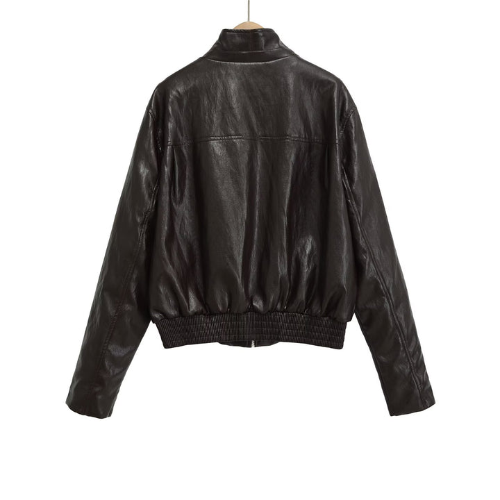 Women's Cropped Bomber Jacket in vegan leather look with funnel collar Mune Fashion