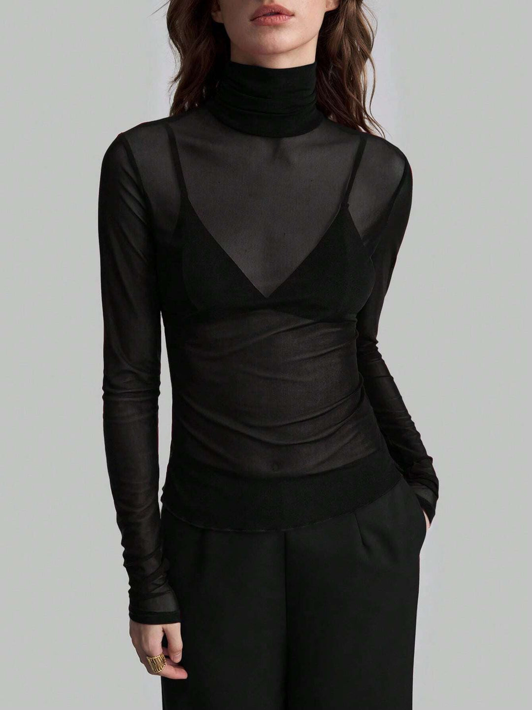 Women's Transparent Turtleneck Blouse with Figure-Shaping Cut Mune Fashion