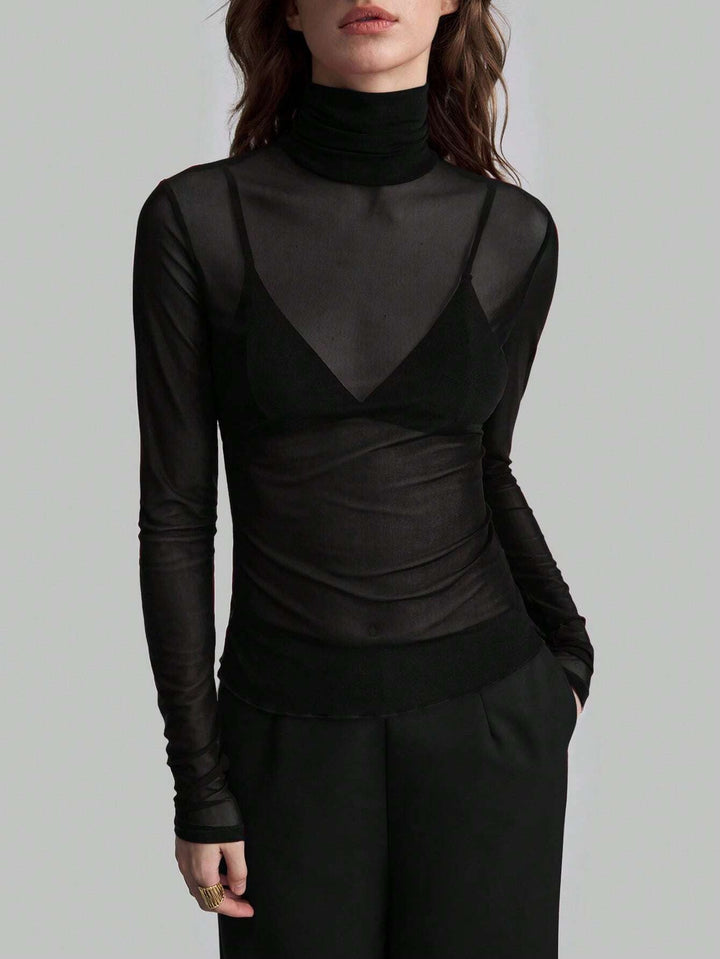 Women's Transparent Turtleneck Blouse with Figure-Shaping Cut Mune Fashion