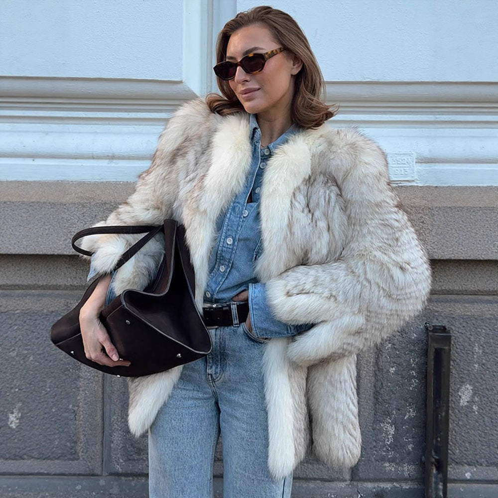 Women's Boxy Faux Fur Jacket with Textured Shag Look and Voluminous Shawl Collar Mune Fashion