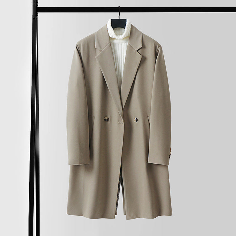 Men's Double-Breasted Wool Blend Coat with Extended Length and Classic Lapels Mune Fashion