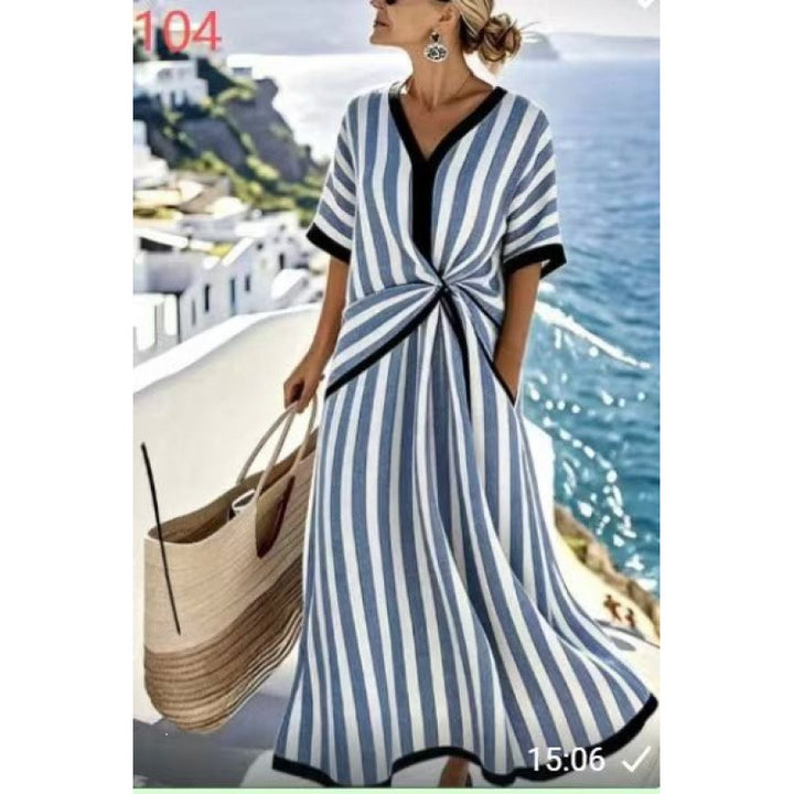 Women's maxi dress with V-neck, side knot and contrast piping Mune Fashion