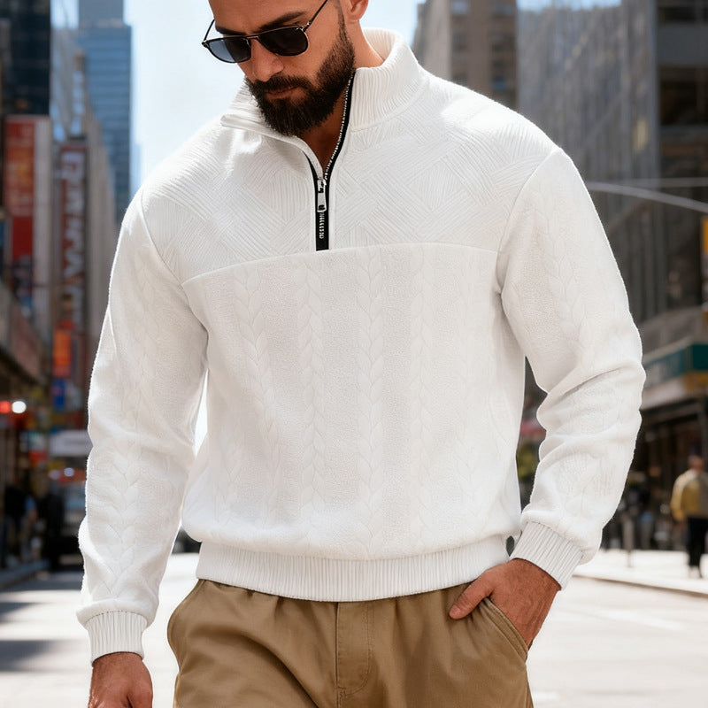 Men's textured half-zip knitted sweater with cable pattern and high stand-up collar Mune Fashion