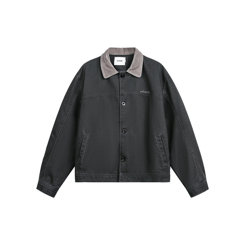 Unisex Short Cut Boxy Denim Jacket with Corduroy Collar and Side Pockets Mune Fashion