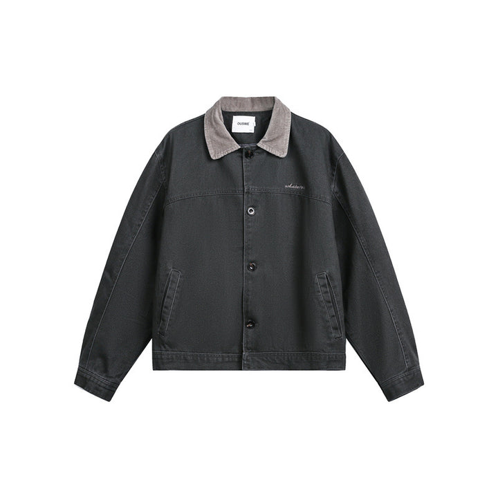 Unisex Short Cut Boxy Denim Jacket with Corduroy Collar and Side Pockets Mune Fashion