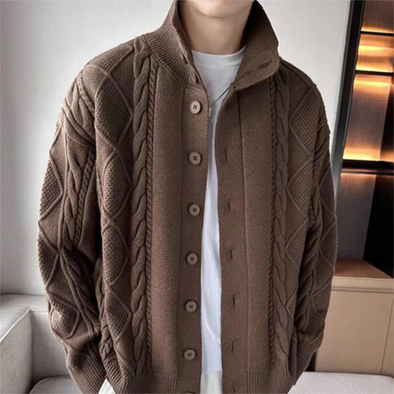 Men's Loose Knit Cardigan with High Stand-up Collar and Cable Pattern Mune Fashion
