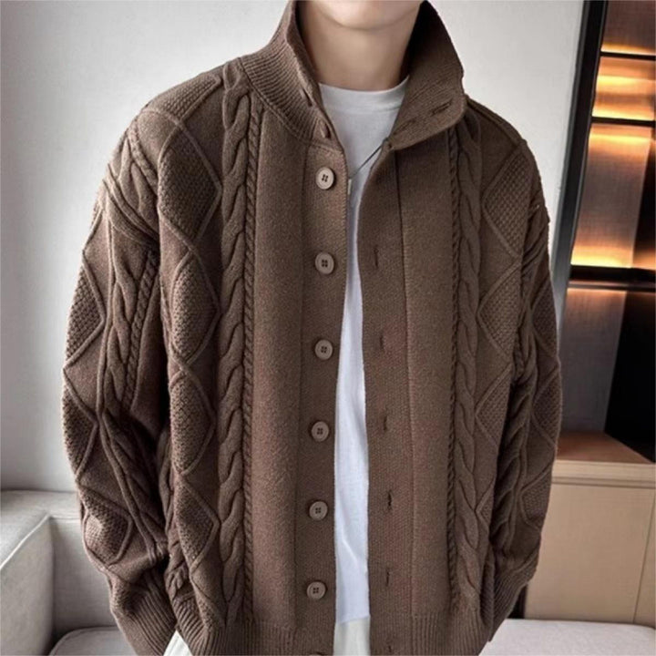Men's Loose Knit Cardigan with High Stand-up Collar and Cable Pattern Mune Fashion