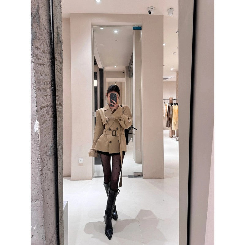 Women's Short Fitted Trench Coat Blazer with Double-Breasted and Waist Belt Mune Fashion