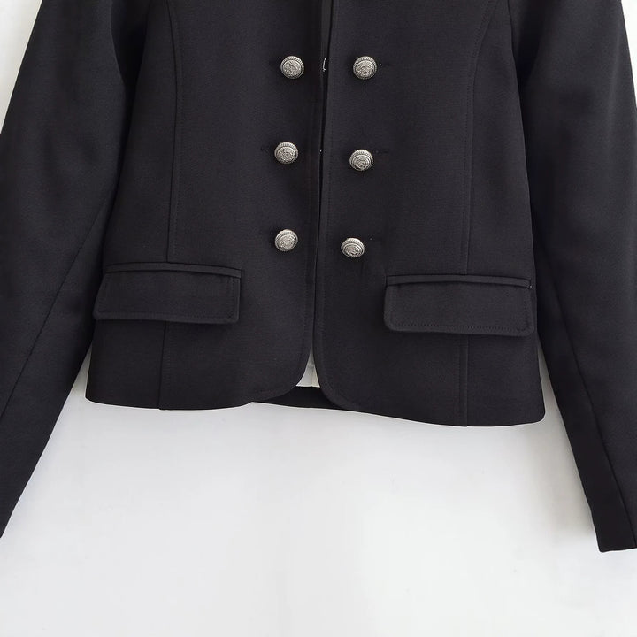 Women's Short Stand Collar Blazer with Double Decorative Button Placket and Epaulettes Mune Fashion