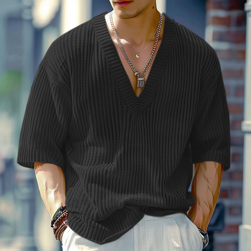 Women's oversized V-neck knit top with textured ribbed look and half-length sleeves Mune Fashion