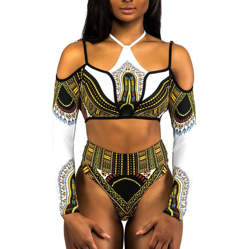 Women's Crop-Top Bikini with Long Sleeves and Innovative Pattern Mune Fashion