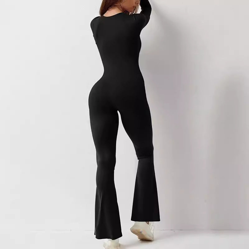 Women's form-fitting long-sleeve jumpsuit with square neckline and flared pants Mune Fashion