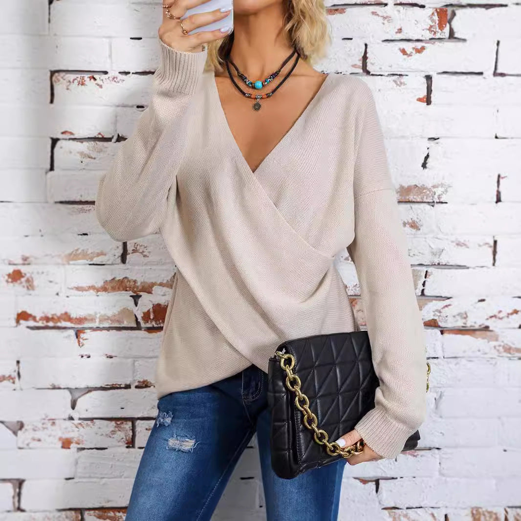 Women's Wrap Knit Sweater with Deep V-Neck and Drop Shoulders Mune Fashion