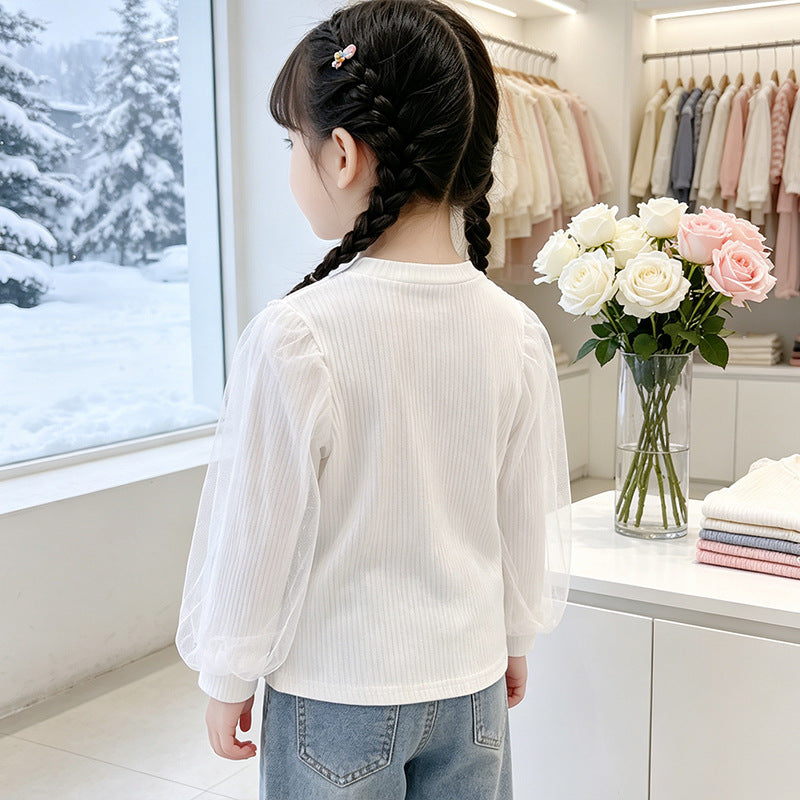 Girl elegant ruffled blouse with transparent tulle decoration Mune Fashion