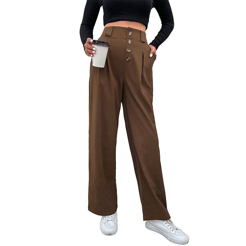 Women's High-Waisted Wide Fabric Pants with Decorative Button Placket and Pleats