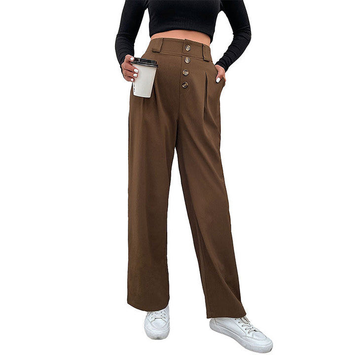 Women's High-Waisted Wide Fabric Pants with Decorative Button Placket and Pleats