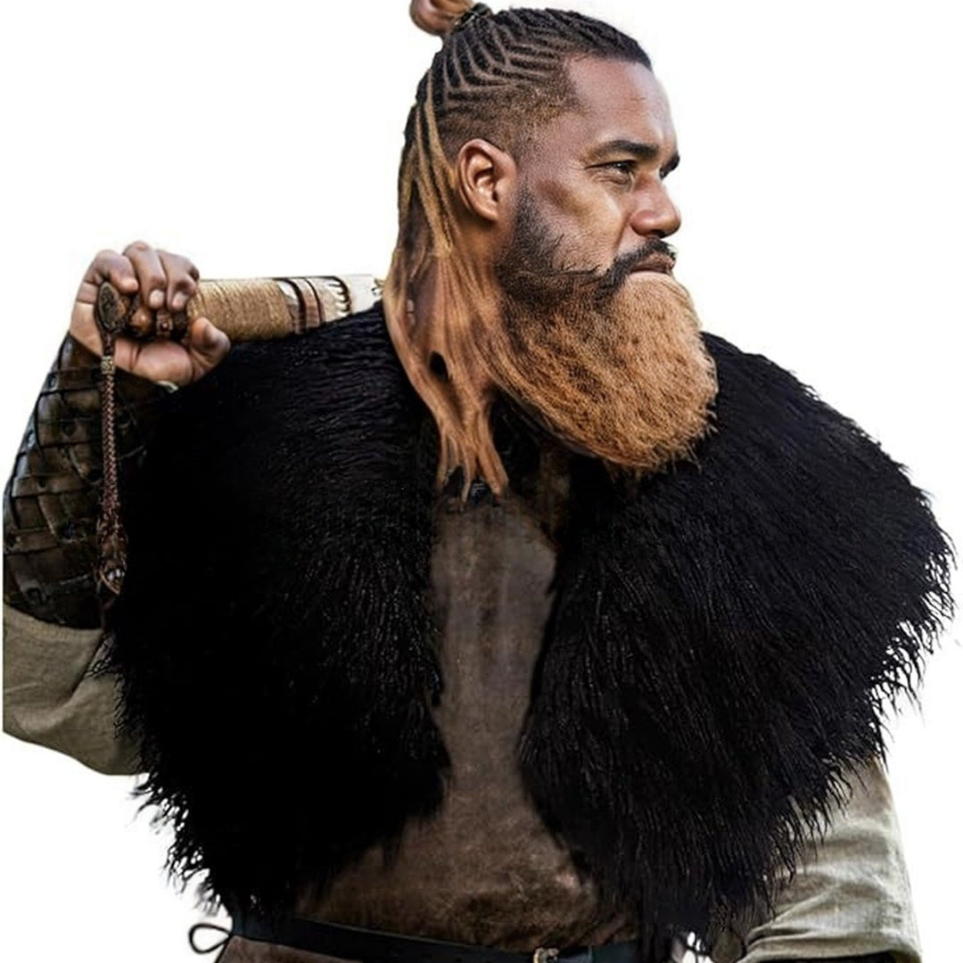 Men's historically inspired faux fur shoulder cape with leather straps Mune Fashion