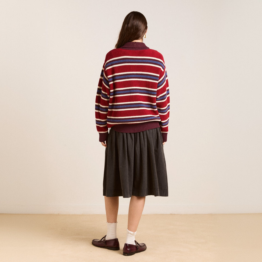 Women’s Oversize Knit Sweater with Polo Collar & Multi-layered Stripe Relief Mune Fashion