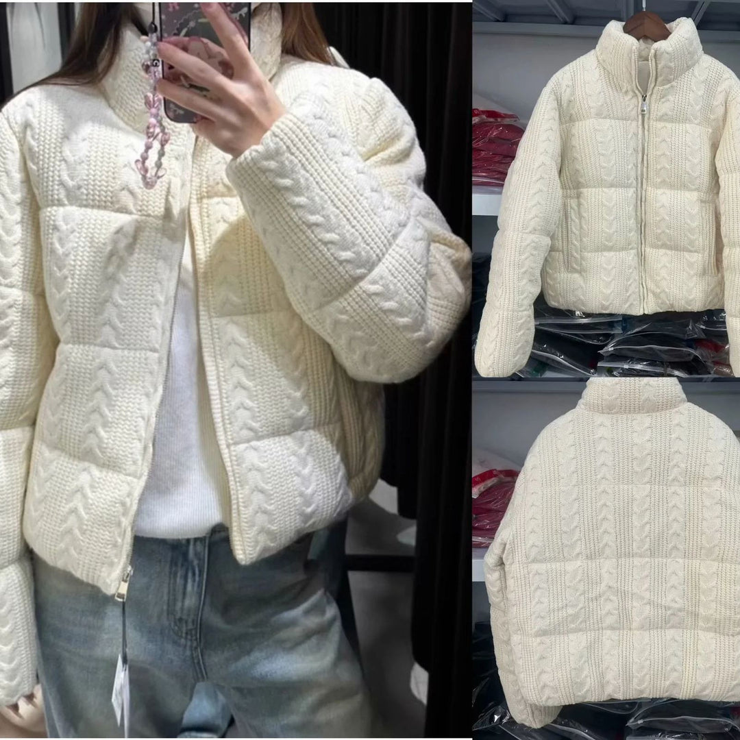 Women's quilted knit jacket with cable knit look, padded thermal filling and high stand-up collar Mune Fashion