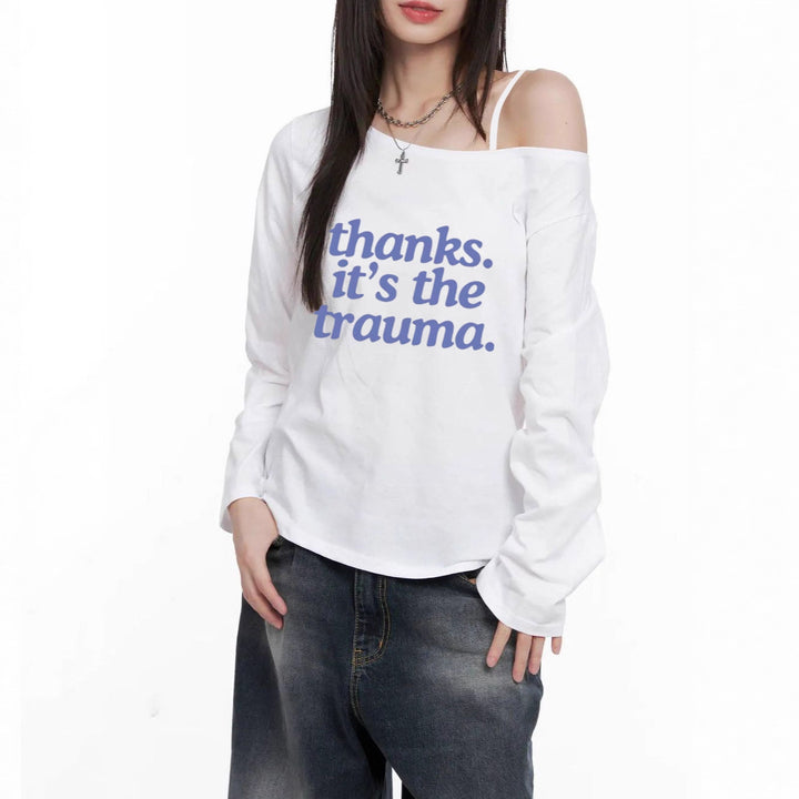 Women Off-Shoulder Long Sleeve Crop Shirt with Statement Print, Asymmetrical Neckline and Loose Oversized Cut Mune Fashion