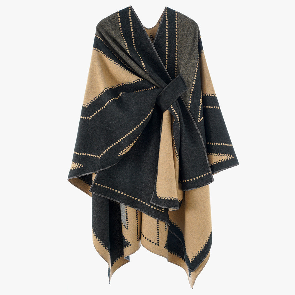 Women Oversize Cape made of Jacquard knit with tie loop Mune Fashion
