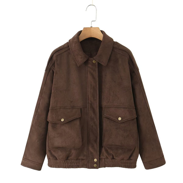 Women's Oversize Suede-Look Bomber Jacket with Flap Pockets and Elastic Hem Mune Fashion