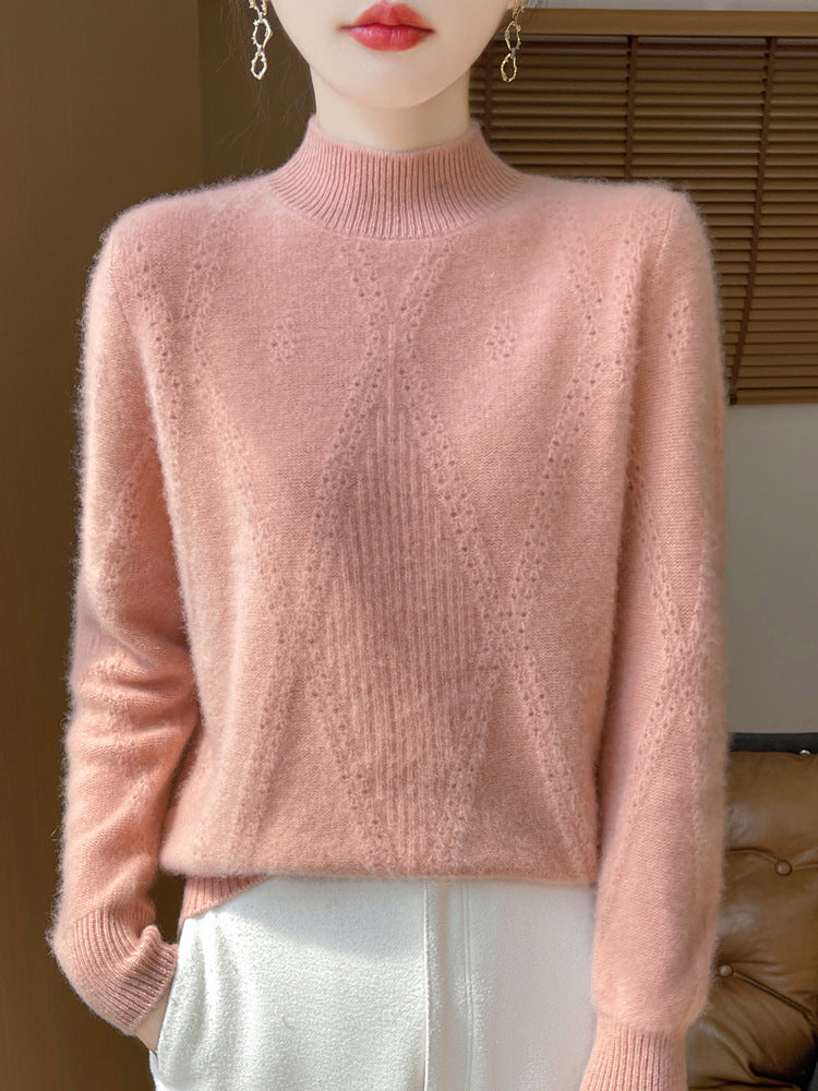 Women's Light Mockneck Fine Knit Sweater with Openwork Chevron and Cashmere Soft Finish Mune Fashion