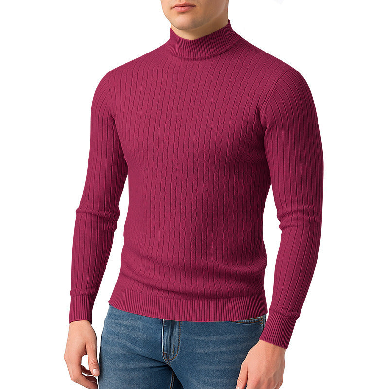 Men's body-hugging fine knit pullover with high collar and cable pattern Mune Fashion