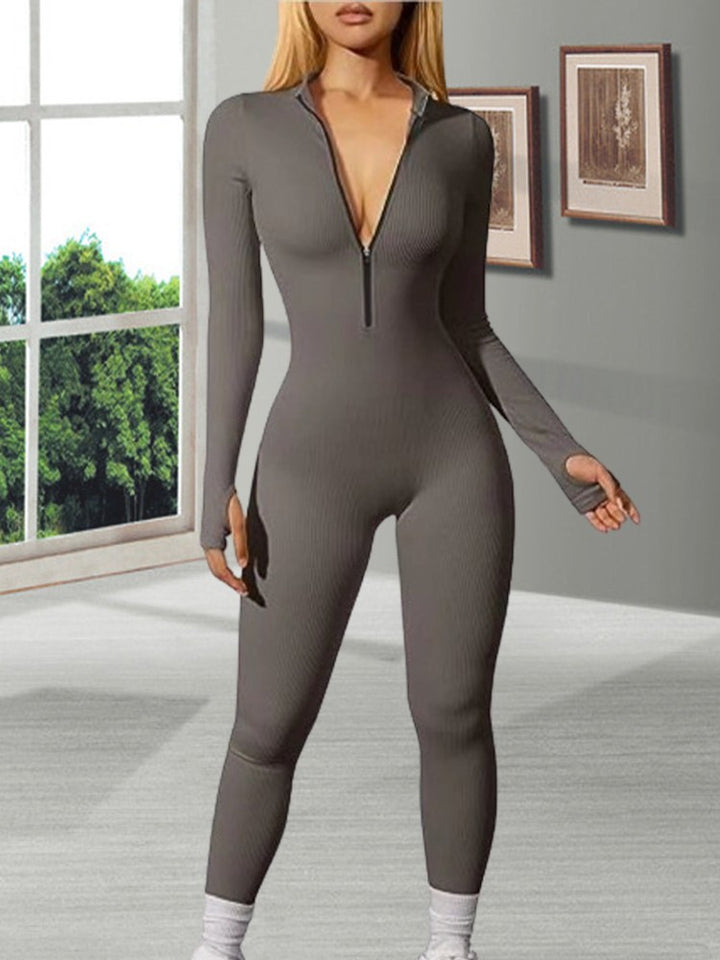 Women's nano figure-hugging rib jumpsuit with high neckline, long sleeves and sculpting seam structure Mune Fashion