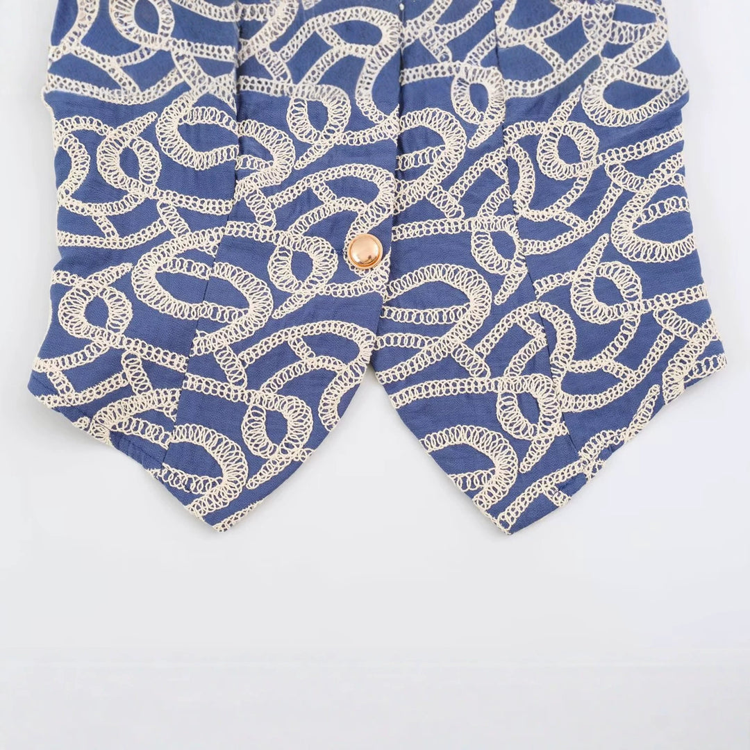 Women Tailored Short Vest with V-Neck and Decorative Embroidery Mune Fashion
