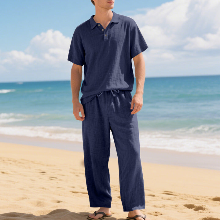Men's airy linen ensemble with polo collar and adjustable waistband pants Mune Fashion