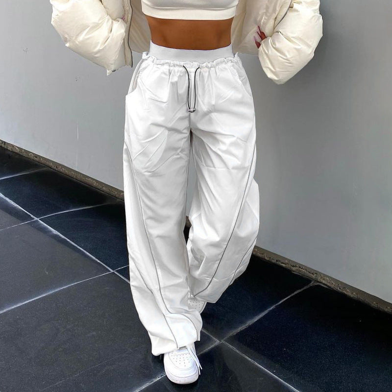Women wide track pants with drawstring waistband, contrast seam design, and adjustable hem cords Mune Fashion