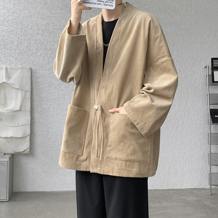 Men's oversized cord kimono cardigan with drawstring, patch pockets and drop sleeves Mune Fashion