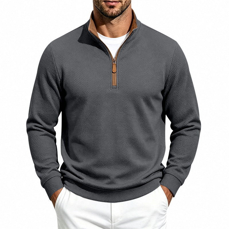 Men's waffle structure half-zip sweatshirt with stand collar, contrast lining, and leather zipper Mune Fashion