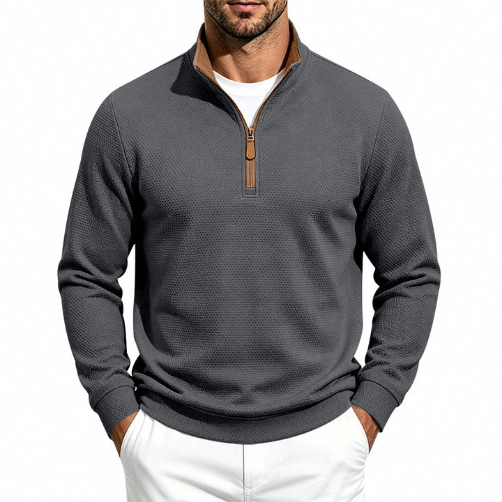 Men's waffle structure half-zip sweatshirt with stand collar, contrast lining, and leather zipper Mune Fashion