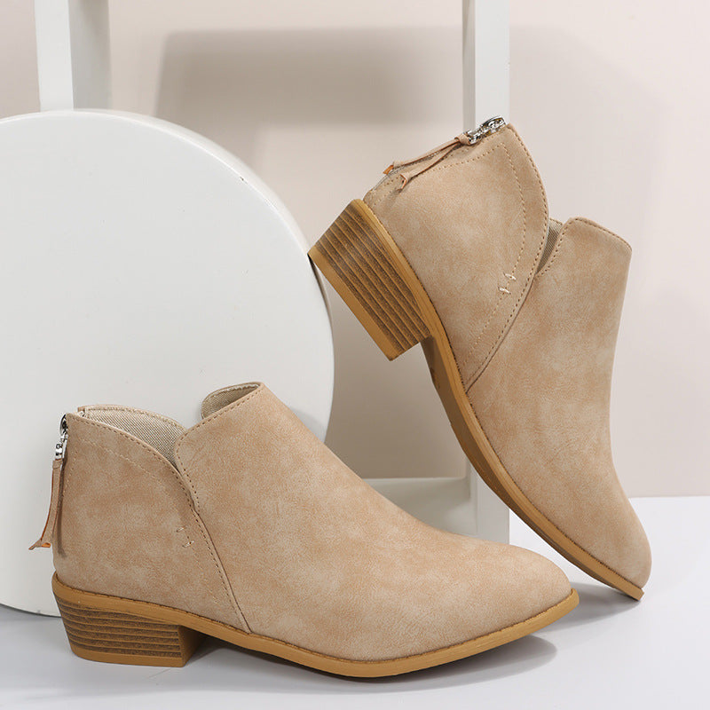Women's nan lightweight slip-on ankle boots made of faux suede with V-cut design, cushioned comfort insole, and stacked block heel Mune Fashion