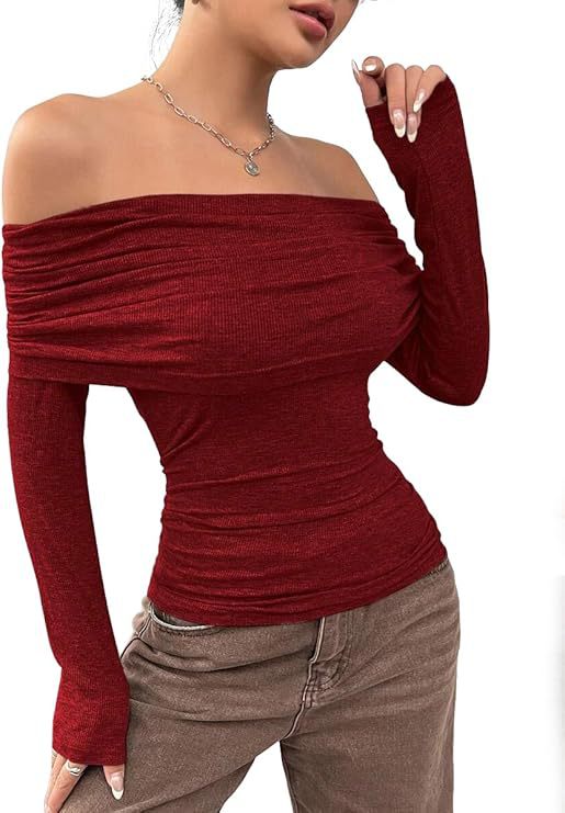 Women's Off-Shoulder Ribbed Long Sleeve with Wide Folded Collar and Fitted Silhouette Mune Fashion
