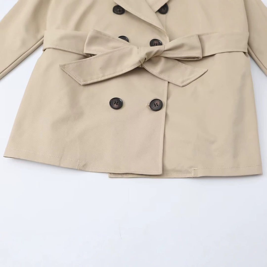 Women's Short Tailored Trench Blouson with Hooded Collar, Bow Tie Belt and Raglan Sleeves Drune