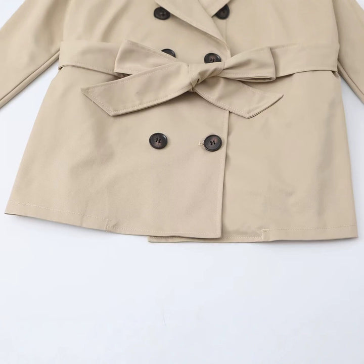 Women's Short Tailored Trench Blouson with Hooded Collar, Bow Tie Belt and Raglan Sleeves Drune