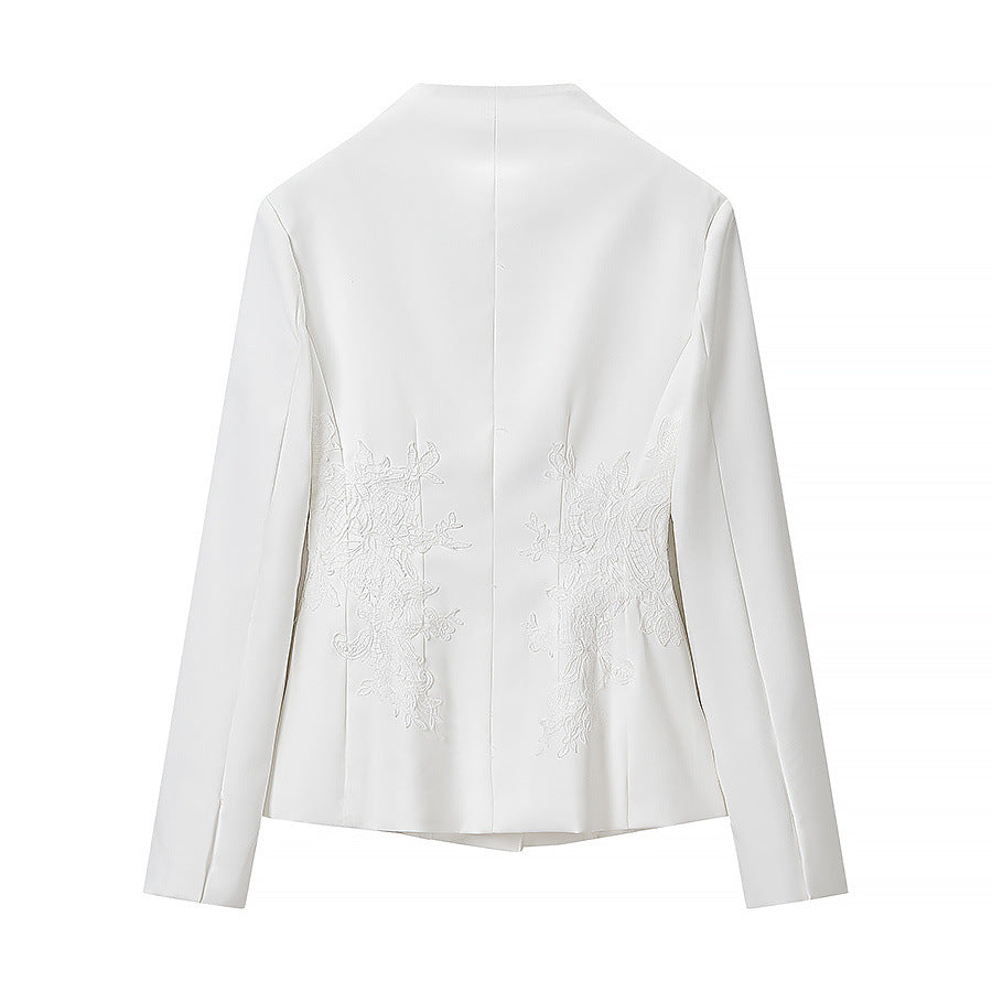 Women's Tailored Short Jacket with Stand Collar and Floral Embroidery Mune Fashion